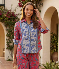 Petite size ruched sleeve shirt with red and blue floral border print and contrasting placket