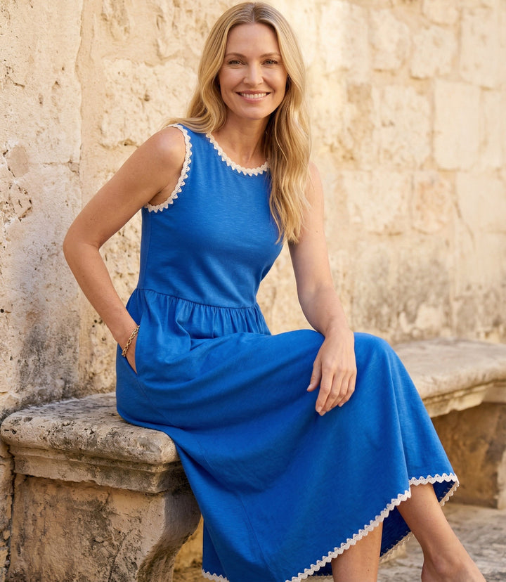 Petite Size Sleeveless Edge Stitch Contrast Midi Dress