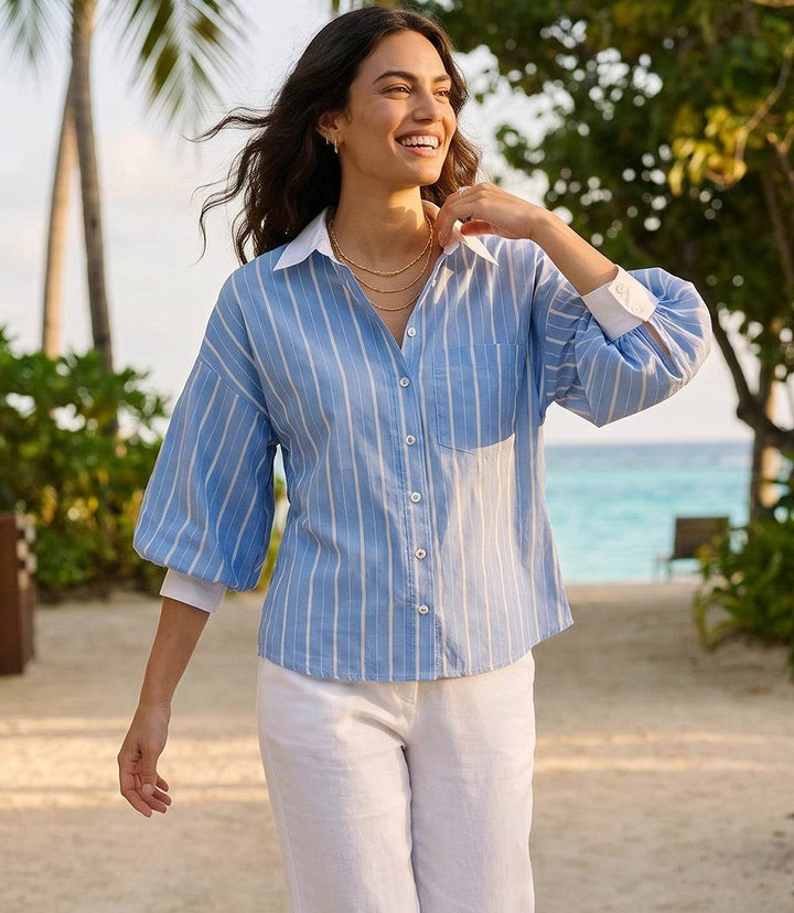 Modern stripe lantern sleeve button-up shirt with crisp collar and chest pocket