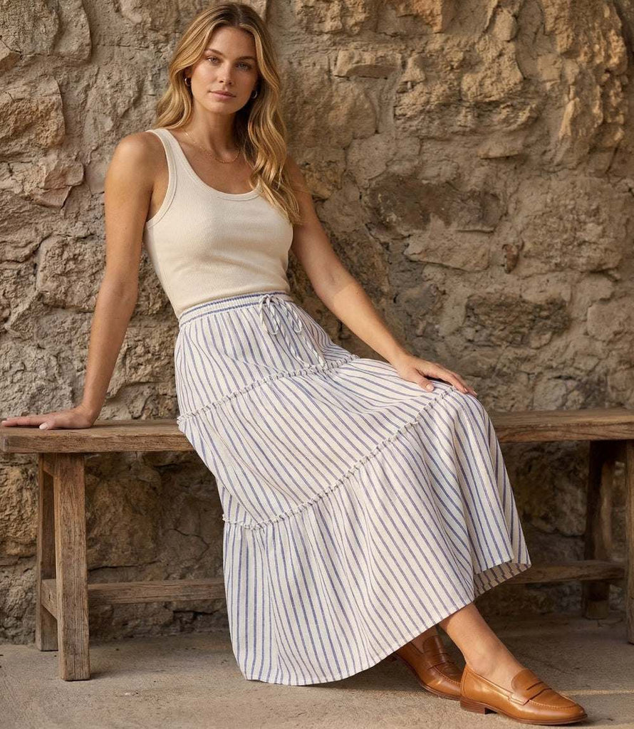 Stripe Tiered Midi Skirt - Breathable Linen-Blend, Flattering