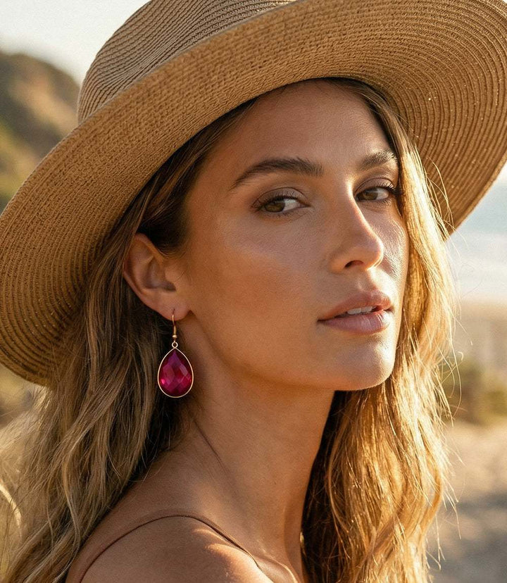 Pink Quartz Teardrop Earrings with faceted stones in gold-filled settings and hook closures