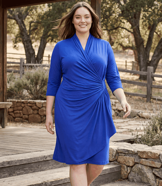 Karen Kane Women's Plus Size 3/4 Sleeve Cascade Wrap Dress, 2X, 2X, Royal, Rayon/Spandex
