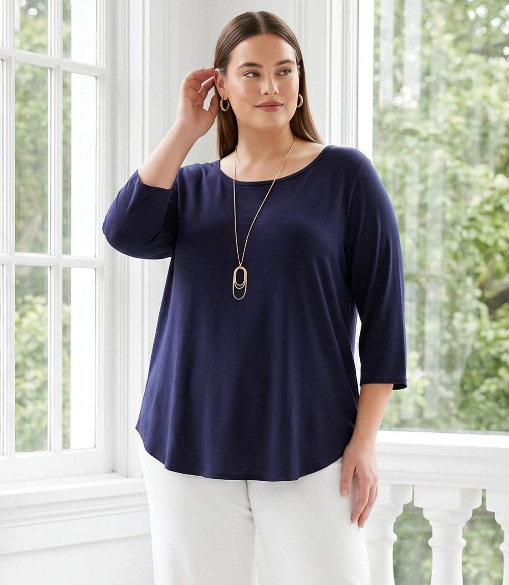 Plus size 3/4 sleeve shirttail top in soft rayon spandex jersey with scoop neck and relaxed fit