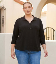 Plus Size 3/4 Sleeve Zip-Up Travel Jersey Top with stand collar and front zipper in black
