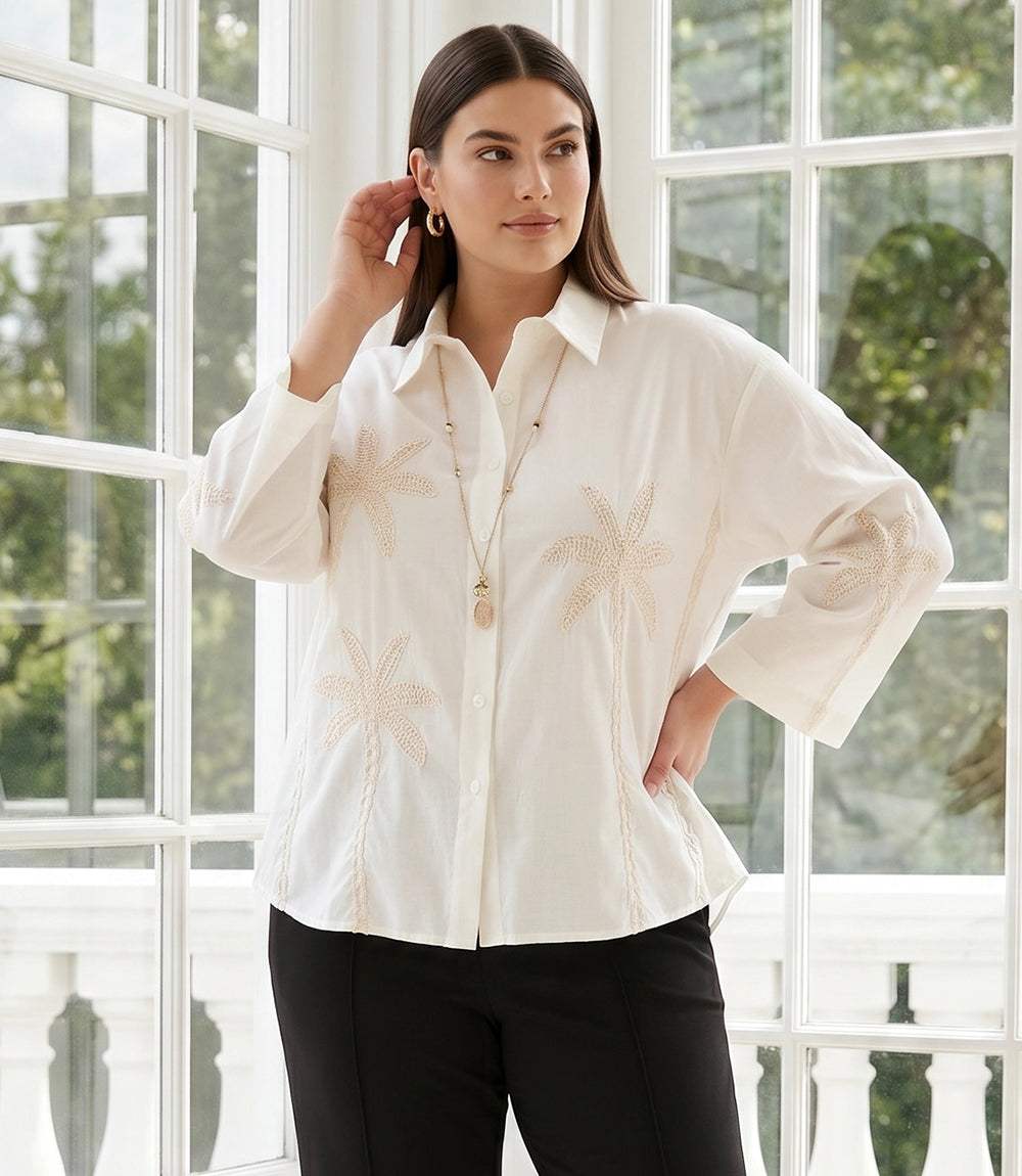 Plus size bell sleeve shirt with embroidered palm trees and button front