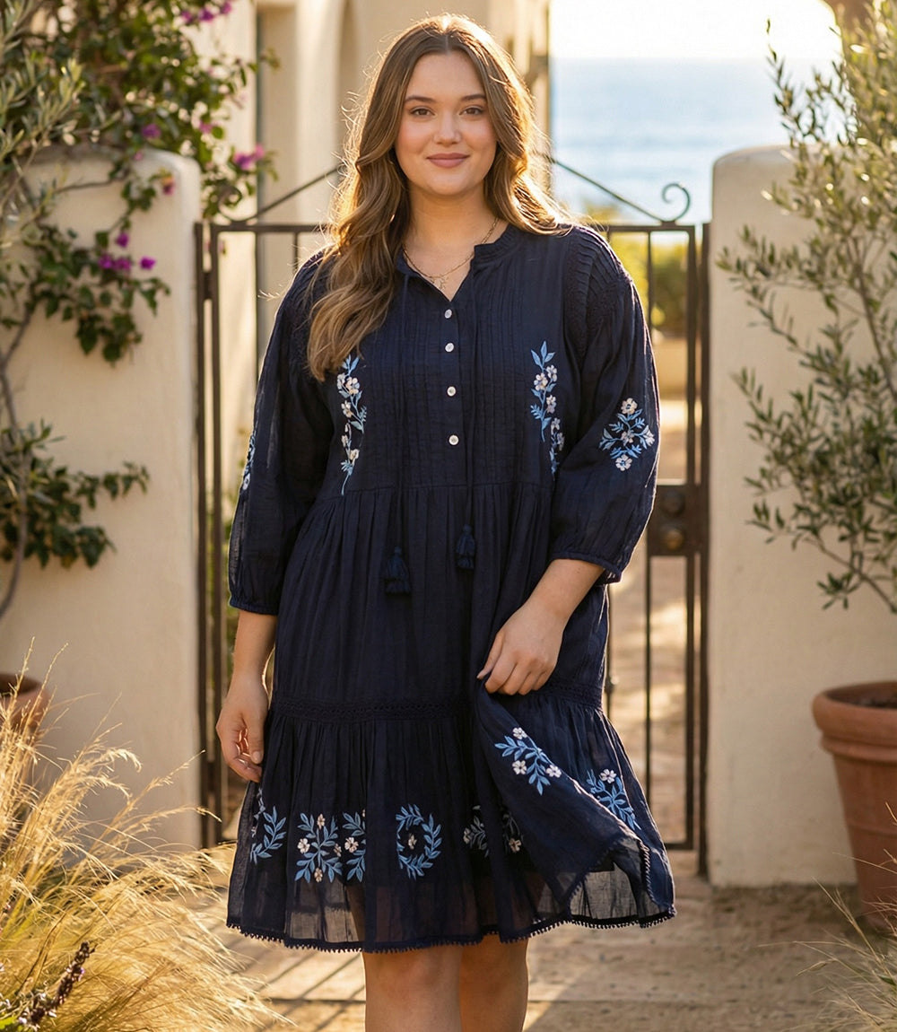 Plus Size Blouson Sleeve Embroidered Lace Trim Tiered Dress Karen Kane Plus Size Blouson Sleeve Embroidered Lace Trim Tiered Dress Karen Kane