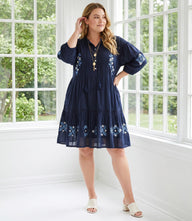 Plus Size Blouson Sleeve Embroidered Lace Trim Tiered Dress
