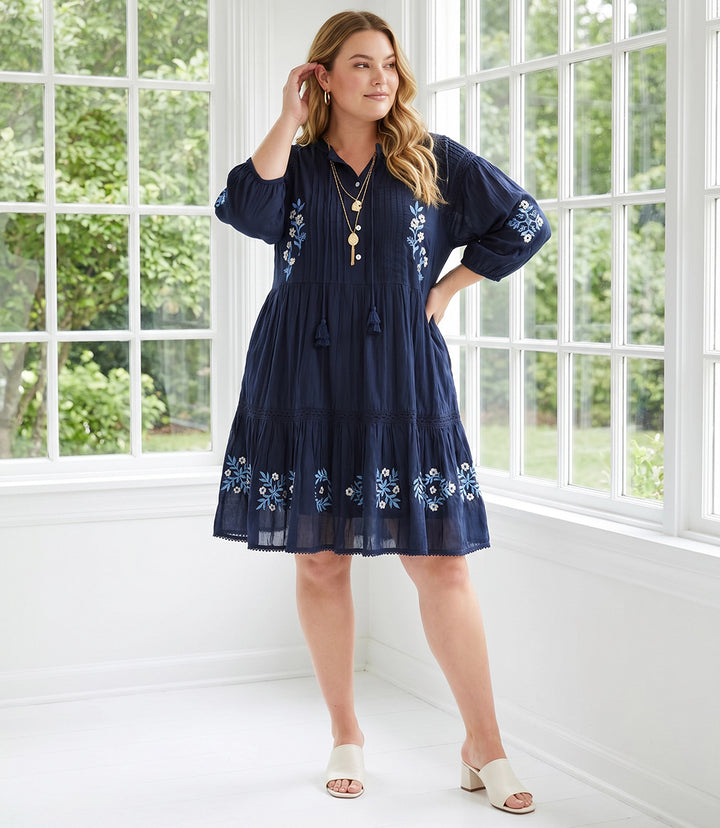 Plus Size Blouson Sleeve Embroidered Lace Trim Tiered Dress