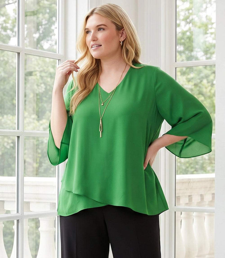Plus size bracelet sleeve asymmetric top with silky crepe fabric and layered hem