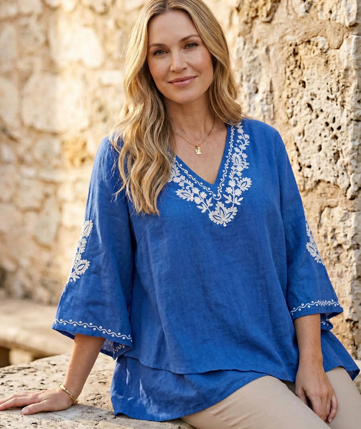 Plus Size Bracelet Sleeve Embroidered Asymmetric Top