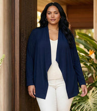 Plus size drape travel jersey cardigan with open front and long sleeves on model