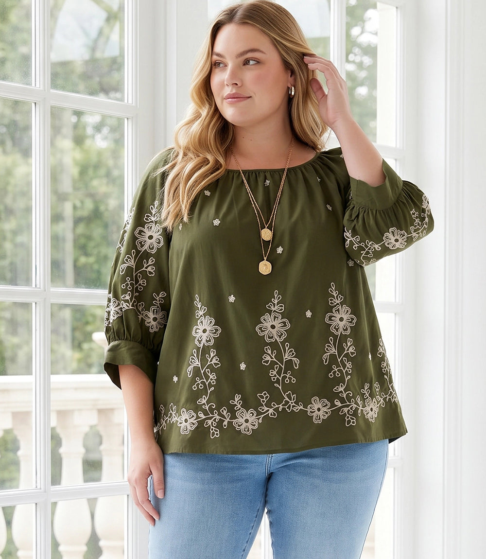 Plus size embroidered blouson sleeve top in cotton poplin with cream embroidery and scoop neck