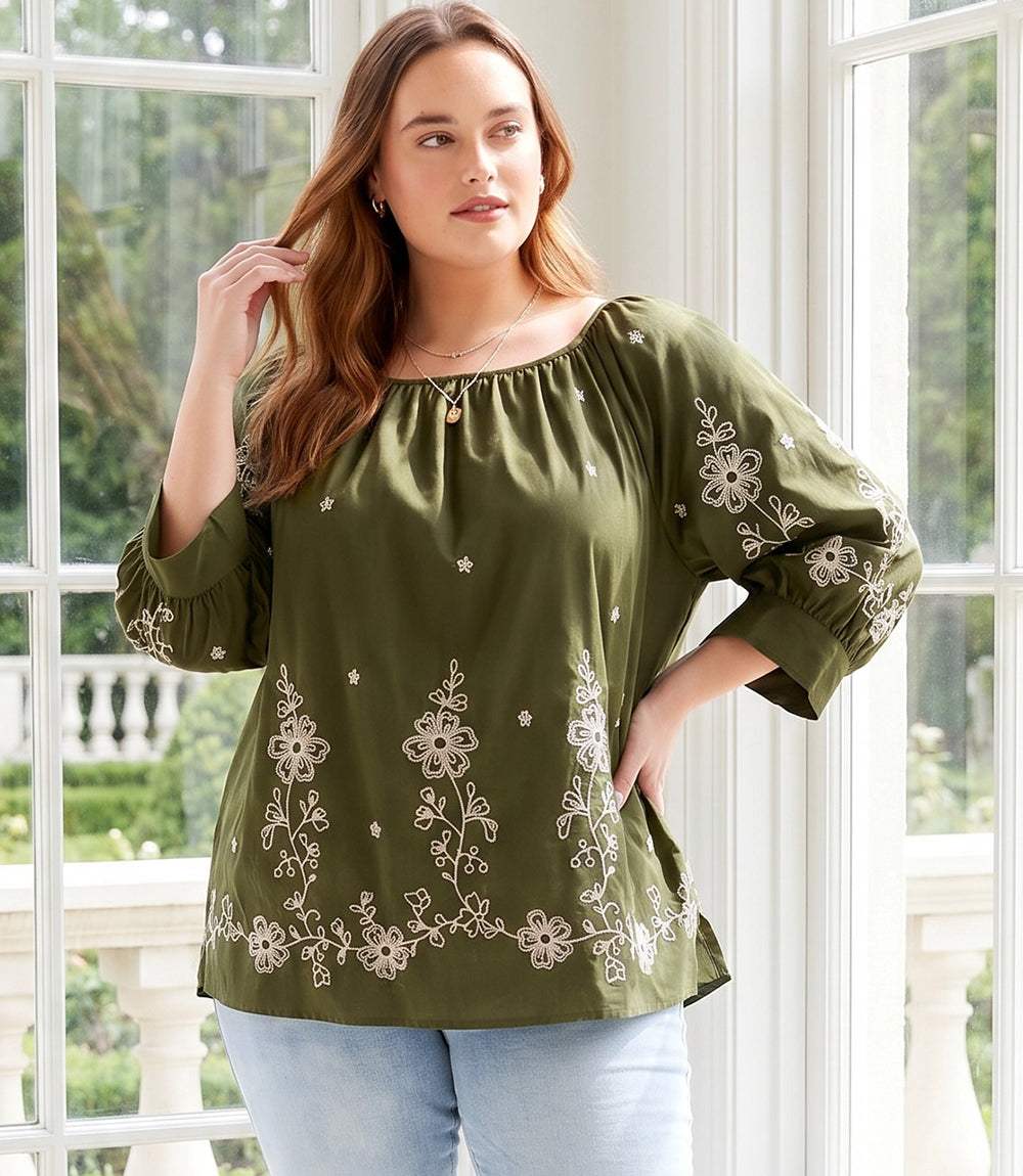 Plus size embroidered blouson sleeve top in cotton poplin with cream embroidery and scoop neck