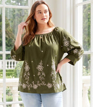 Plus size embroidered blouson sleeve top in cotton poplin with cream embroidery and scoop neck