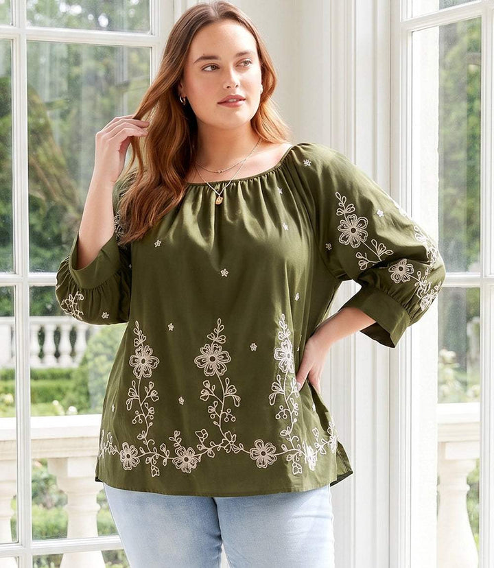 Plus size embroidered blouson sleeve top in cotton poplin with cream embroidery and scoop neck