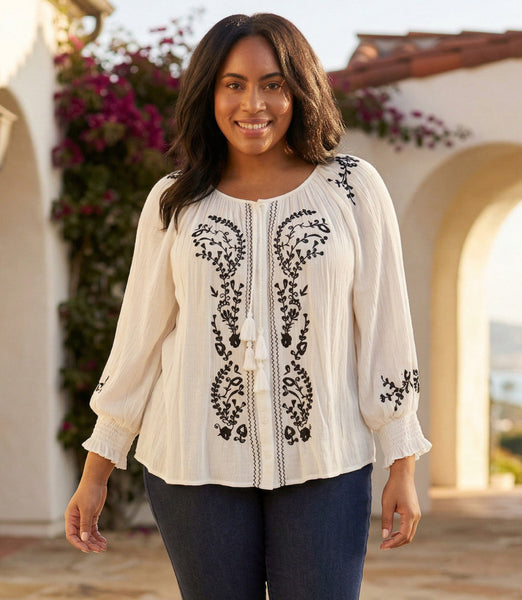 Plus Size Embroidered Peasant Top – Karen Kane