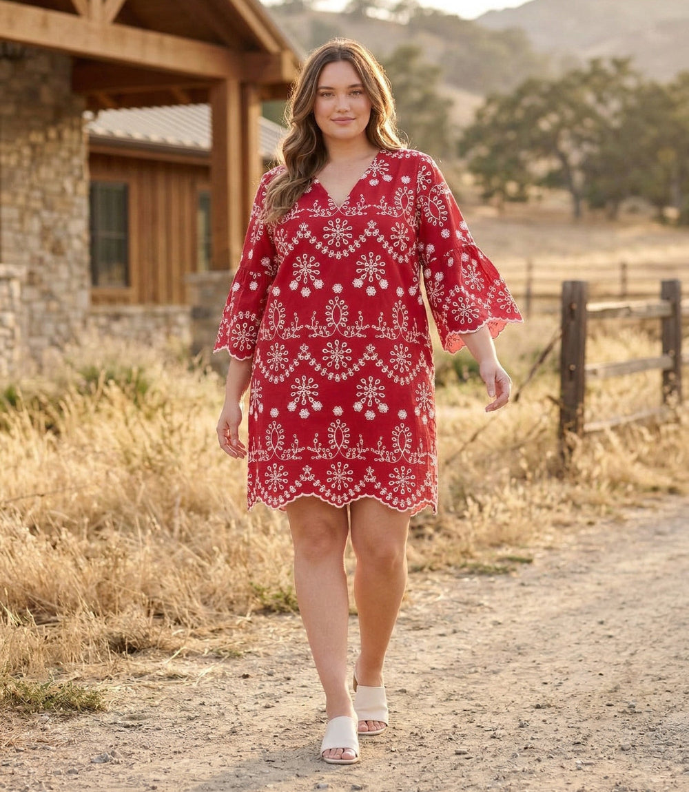 Karen Kane Women's Plus Size Flare Sleeve Embroidered Dress, 2X Karen Kane Women's Plus Size Flare Sleeve Embroidered Dress, 2X