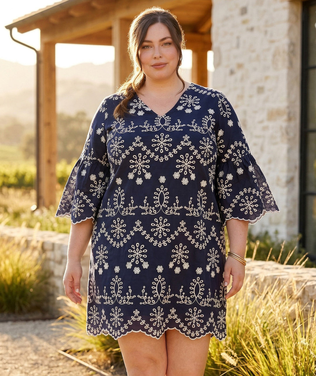 Plus Size Flare Sleeve Embroidered Dress