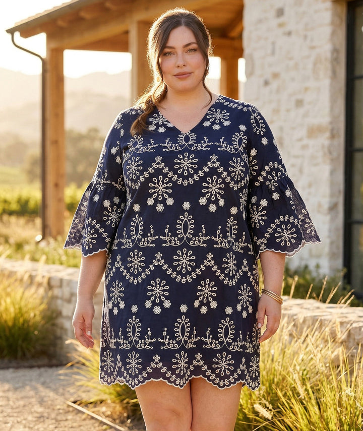 Plus Size Flare Sleeve Embroidered Dress
