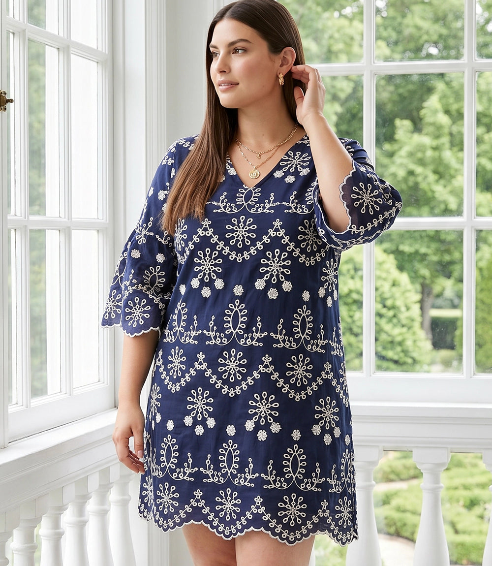 Karen Kane Women's Plus Size Flare Sleeve Embroidered Dress, 1X, 1X, Navy With Off White, 100% Cotton
