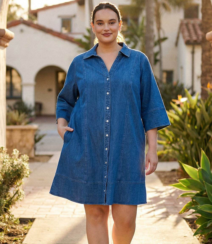 plus size flare dress Karen Kane Women's Sleeve Shirtdress, 0X, 0X, Chambray, Cotton/Spandex Category:MIDI DRESSES Bachelorette Party | Wedding The fit to flare Size:14 Years