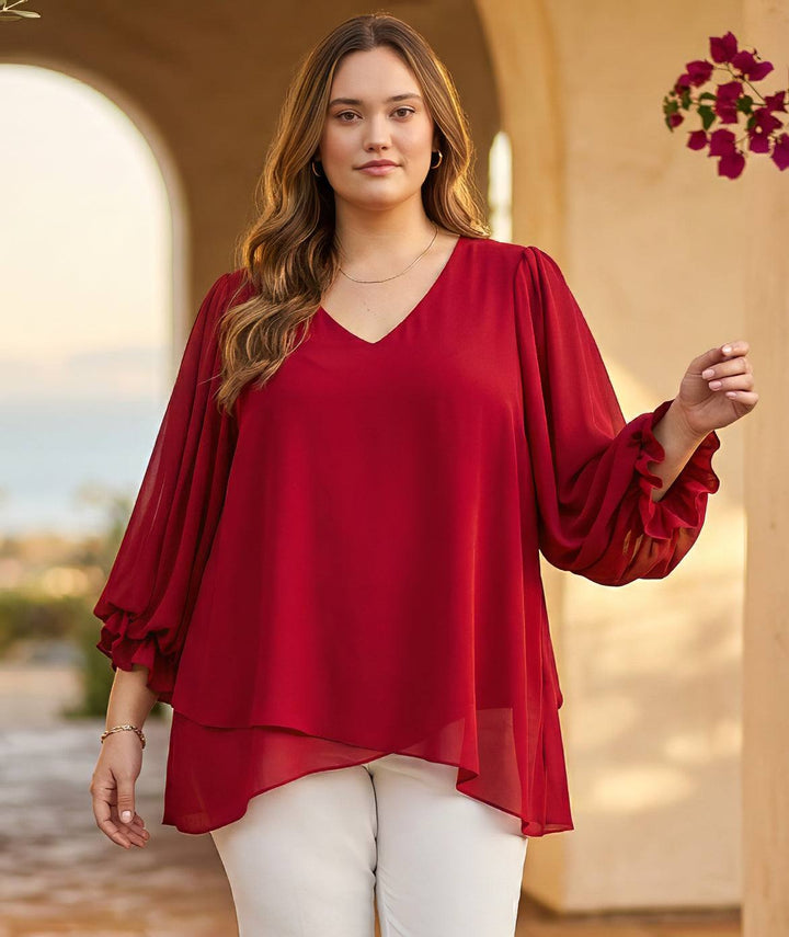 Plus size layered sleeve asymmetric top with V-neck and gathered shoulders in silky crepe fabric