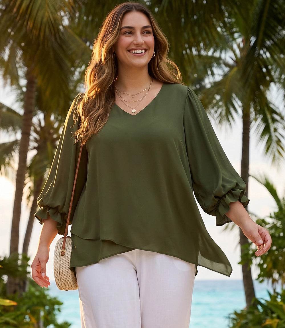 Plus size layered sleeve asymmetric top with V-neck and gathered shoulders in silky crepe fabric