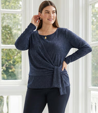 Plus Size Long Sleeve Metallic Knit Side-Tie Top