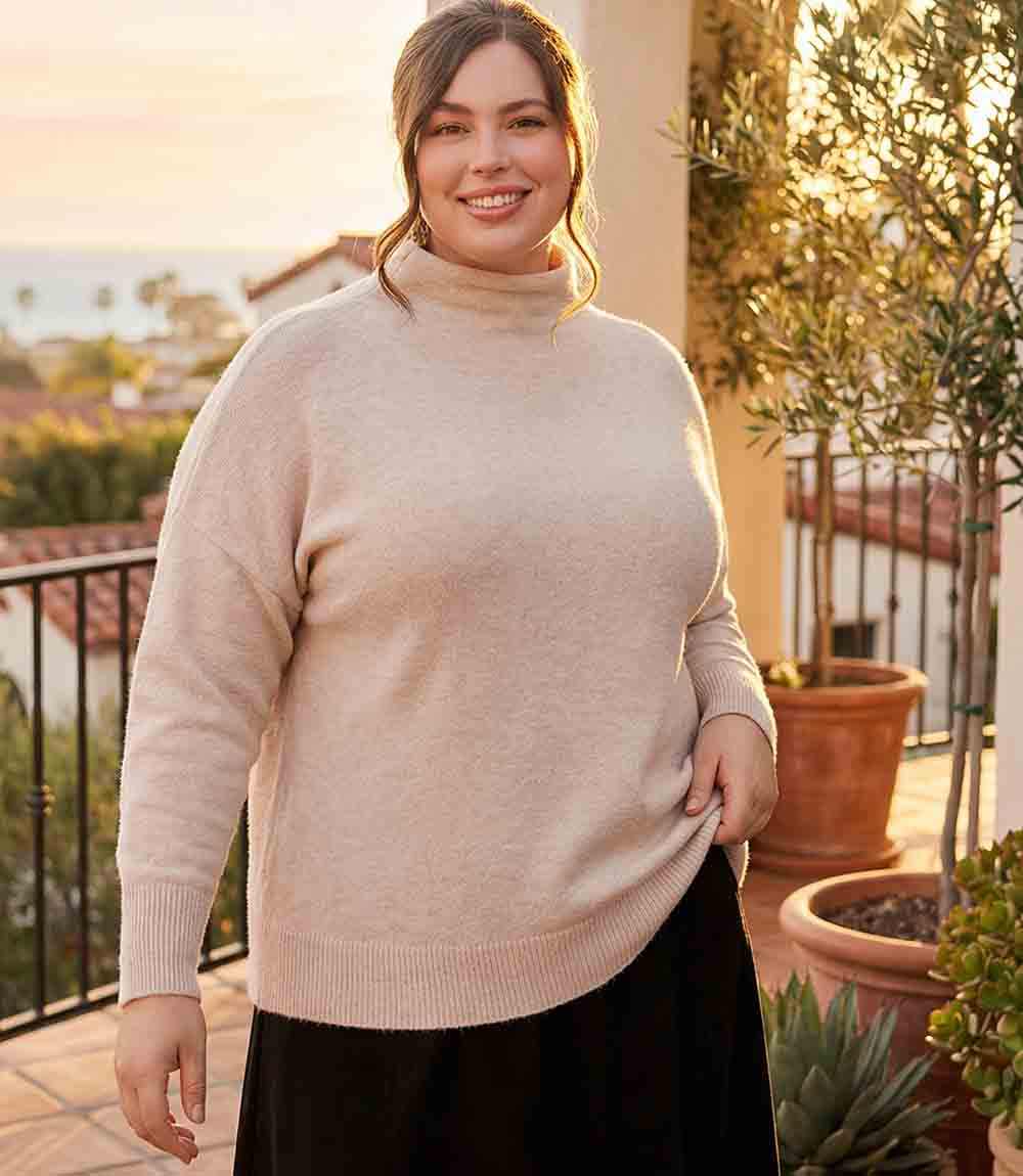 Plus size mock neck sweater in soft fabric with relaxed fit and cozy style