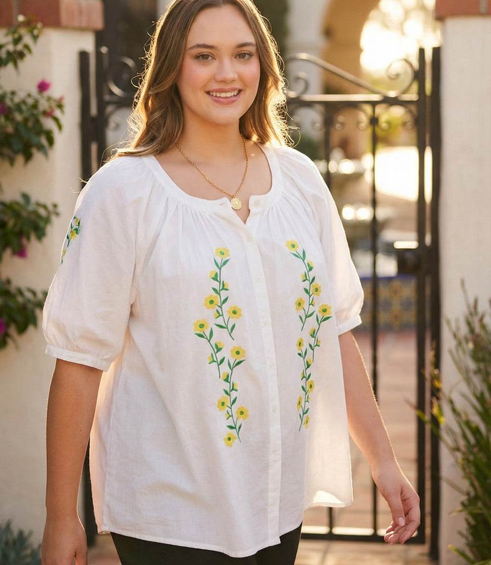 Plus Size Puff Sleeve Embroidered Peasant Top – Karen Kane