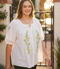 Plus Size Puff Sleeve Embroidered Peasant Top