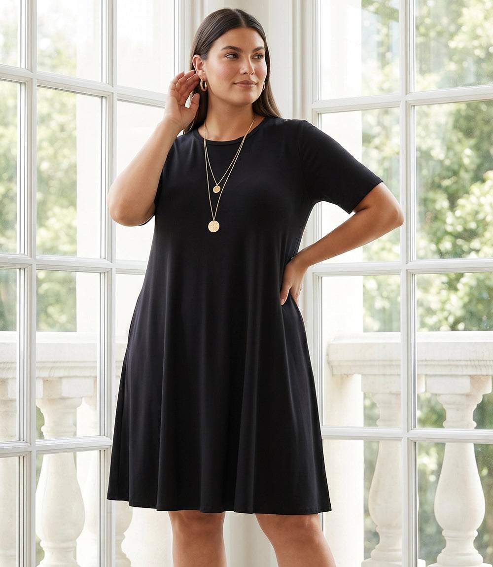 Karen Kane Women's Plus Size Short Sleeve A-Line Dress, 1X, 1X, Black, Rayon/Spandex