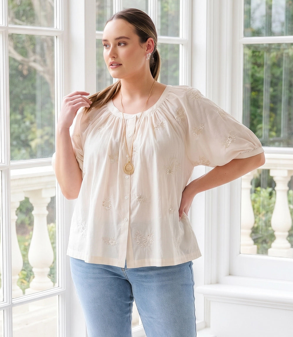 Plus Size Short Sleeve Embroidered Peasant Top – Karen Kane