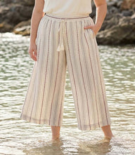 Plus size stripe embroidered cropped wide-leg drawstring pants with side pockets