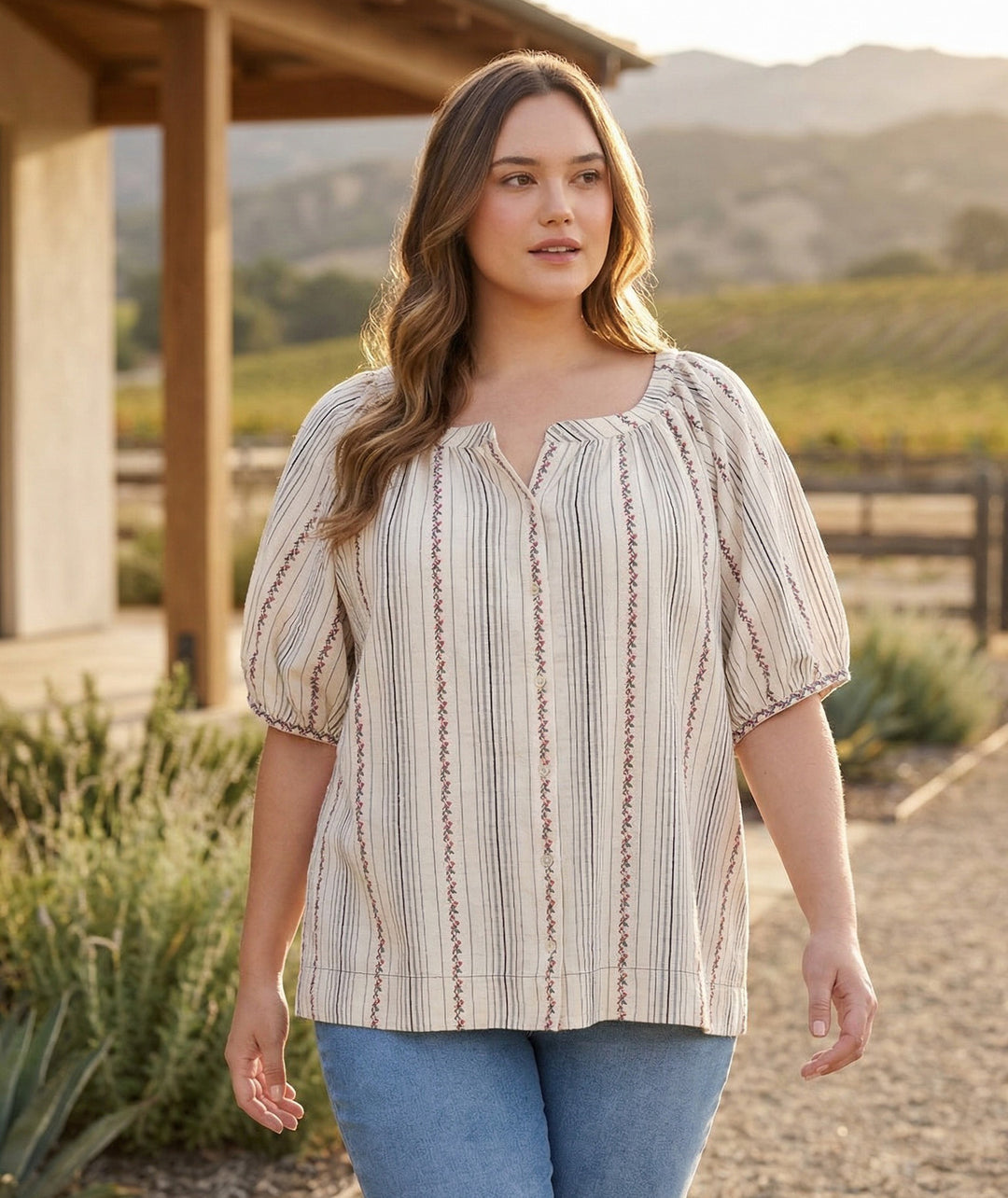 Plus Size Stripe Puff Sleeve Embroidered Peasant Top