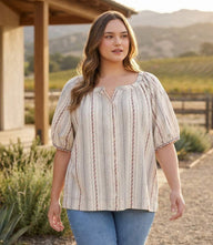 Plus size stripe puff sleeve embroidered cotton peasant top with button front and scoop neck