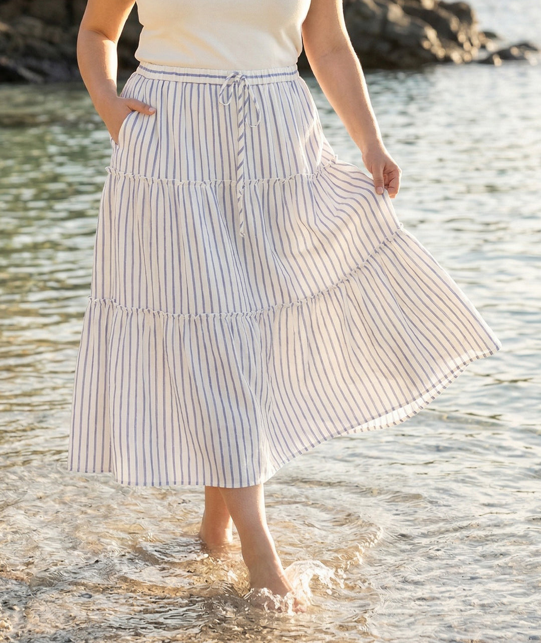 Plus Size Stripe Tiered Midi Skirt