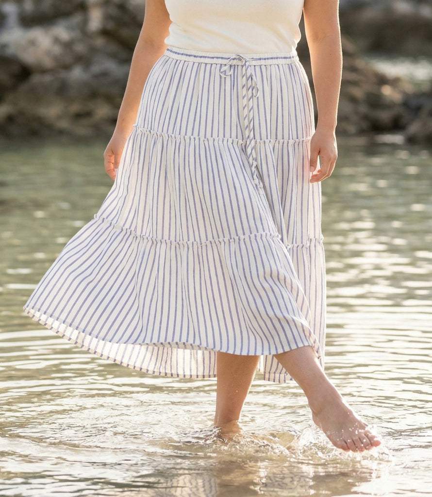 【美品】ollun stripe tiered one piece Mサイズ Plus Size Stripe Tiered Midi Skirt – Karen Kane