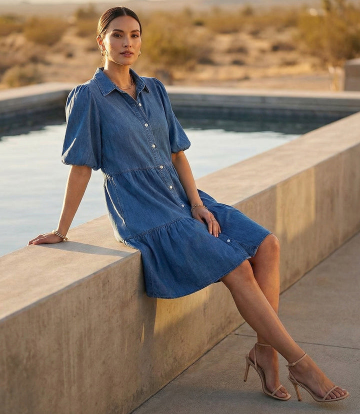 Petite Size Puff Sleeve Tiered Shirtdress