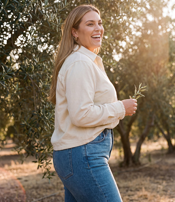 Plus Size Long Sleeve Embellished Corduroy Button-Up Top