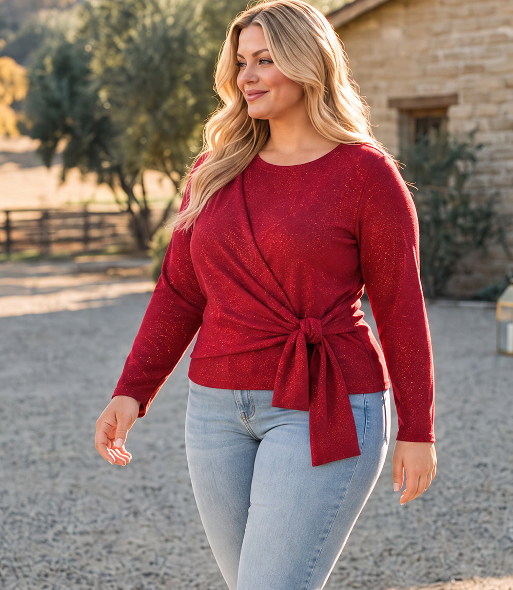 Plus Size Long Sleeve Metallic Knit Side-Tie Top