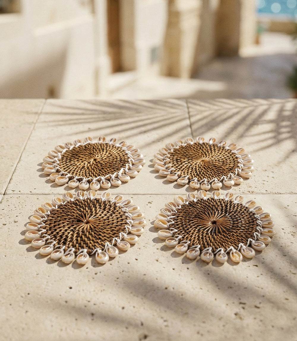 Set of 4 handwoven rattan seashell coasters with cowrie shells, beach-inspired decor