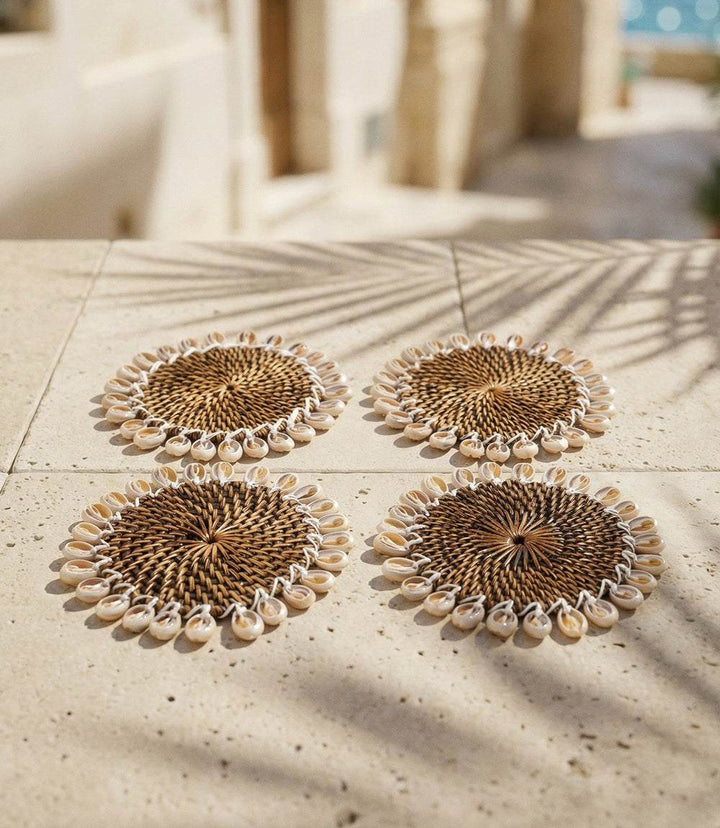 Set of 4 handwoven rattan seashell coasters with cowrie shells, beach-inspired decor