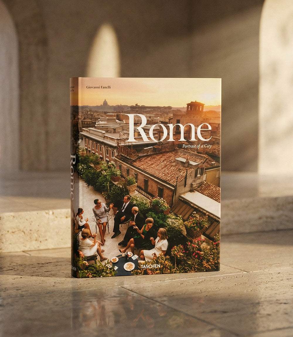 Rome Portrait Of A City book cover featuring iconic landmarks and daily life scenes from Rome