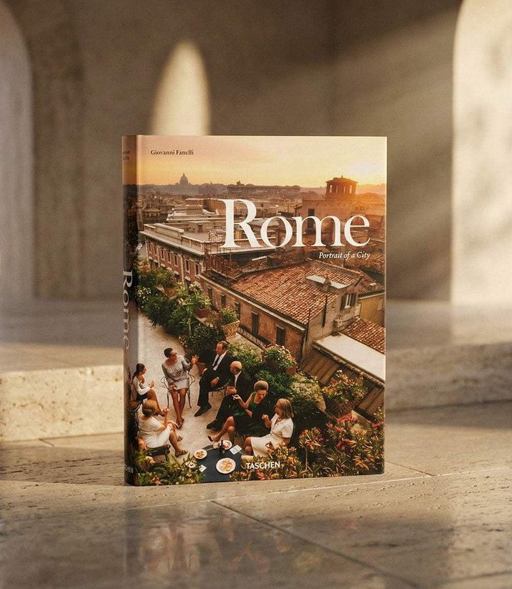 Rome Portrait Of A City book cover featuring iconic landmarks and daily life scenes from Rome