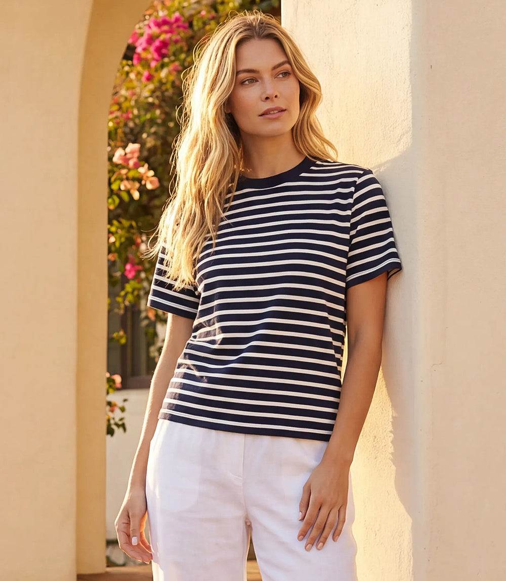 Stripe short sleeve top with horizontal stripes and crew neckline, made from soft cotton yarn-dye jersey.