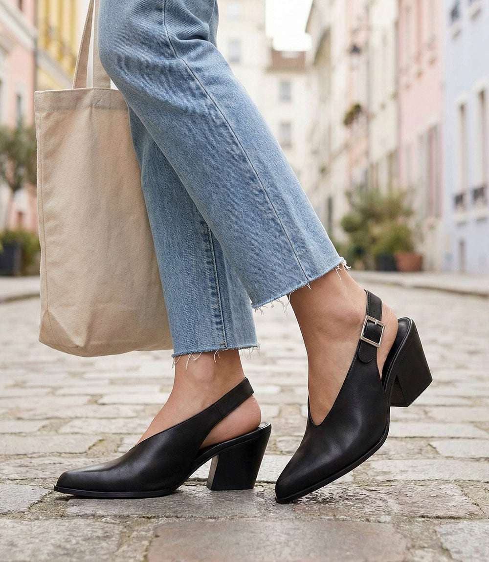 Seychelles Baby Faced Sling Back Heels in black leather with pointed toe and block heel