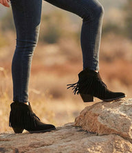 Seychelles Easy Come Easy Go black suede fringe ankle boots with pointed toe and low block heel