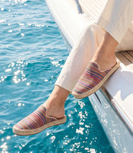 Seychelles Happy Place Boho Slip Ons with multicolor striped textile upper and jute-wrapped sole