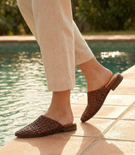 Seychelles Meet Me Half Way tan woven leather slip-on mules with rounded toe and low heel
